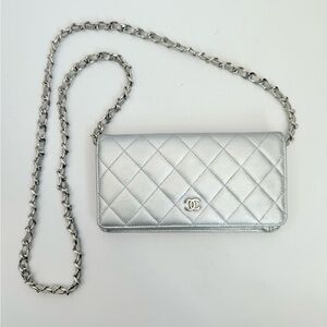 Chanel Metallic Silver Lambskin Leather CC Long Full Flap Wallet bag